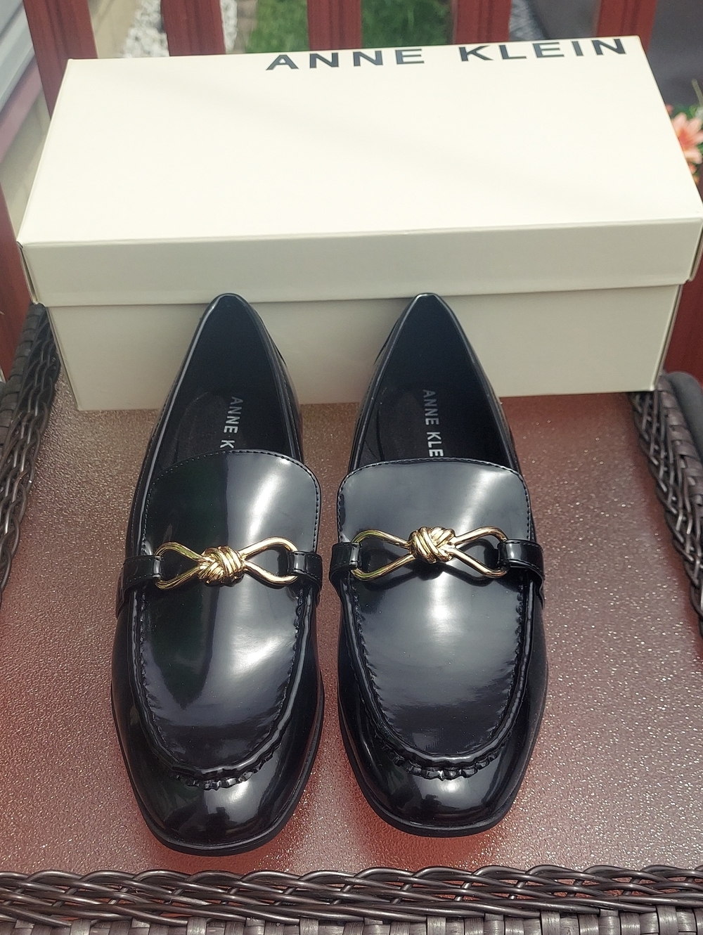 Anne Klein Black Patent Loafers with Gold Knot Accent